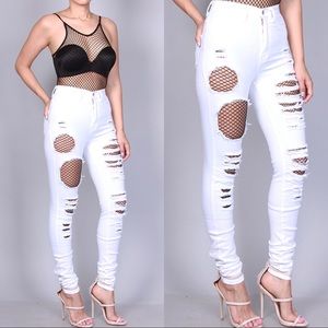 High Waist White Distressed Skinny Jeans